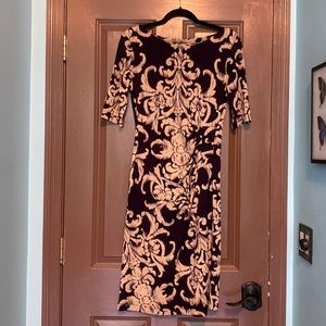 Purple and cream jacquard print 3/4 sleeve bodycon midi dress Connected 8